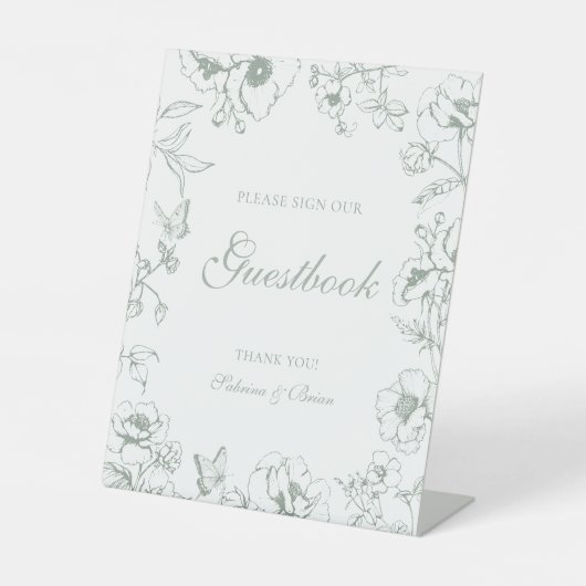 Elegant Sage Green Floral Wedding Guestbook 台座サイン (正面)