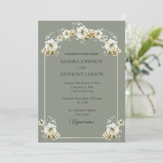 Elegant Sage Green Floral Wedding Invitation 招待状 (スタンド正面)
