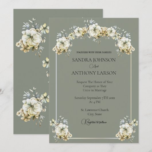 Elegant Sage Green Floral Wedding Invitation 招待状 (正面/裏面)