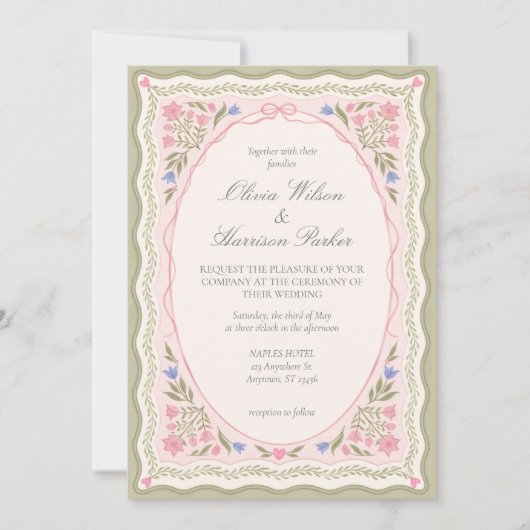 Elegant Sage Green Floral Wedding Invitation 招待状 (正面)