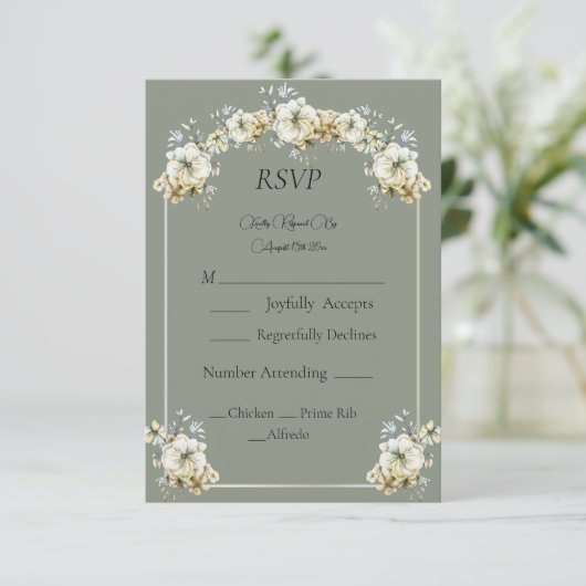 Elegant Sage Green Floral Wedding RSVP Card (スタンド正面)