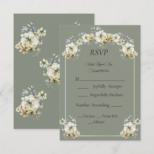 Elegant Sage Green Floral Wedding RSVP Card (正面/裏面)