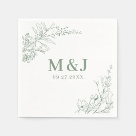 Elegant Sage Green Floral Wreath Monogram Wedding スタンダードカクテルナプキン