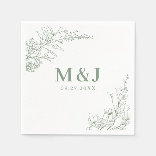 Elegant Sage Green Floral Wreath Monogram Wedding スタンダードカクテルナプキン (正面)