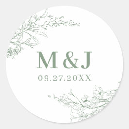 Elegant Sage Green Floral Wreath Monogram Wedding ラウンドシール