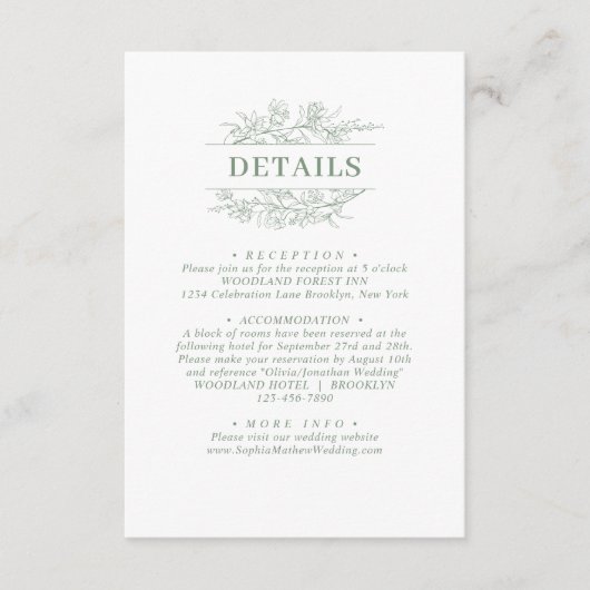 Elegant Sage Green Floral Wreath Wedding Details エンクロージャーカード (正面)
