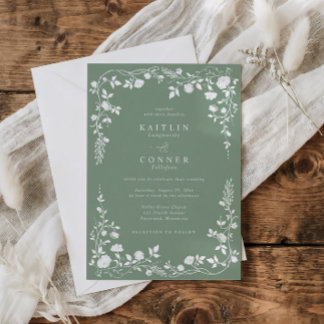 Elegant Sage Green French Floral Vintage Wedding 招待状