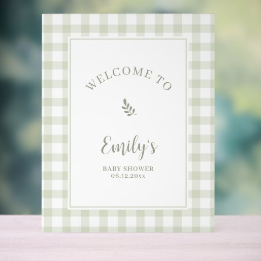 Elegant Sage Green Gingham Baby Shower Welcome アクリルサイン (ニュートラル)