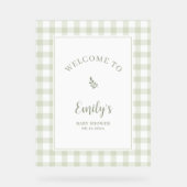 Elegant Sage Green Gingham Baby Shower Welcome アクリルサイン (正面)