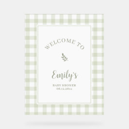 Elegant Sage Green Gingham Baby Shower Welcome アクリルサイン