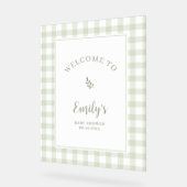 Elegant Sage Green Gingham Baby Shower Welcome アクリルサイン (傾斜)
