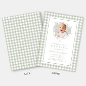 Elegant Sage Green Gingham Bow Photo Girl Baptism 招待状