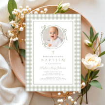 Elegant Sage Green Gingham Bow Photo Girl Baptism