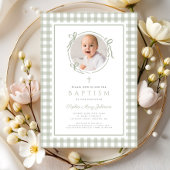 Elegant Sage Green Gingham Bow Photo Girl Baptism 招待状