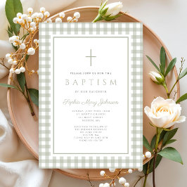 Elegant Sage Green Gingham Girl Baptism 招待状
