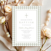 Elegant Sage Green Gingham Girl Baptism 招待状