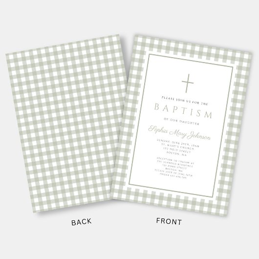 Elegant Sage Green Gingham Girl Baptism 招待状