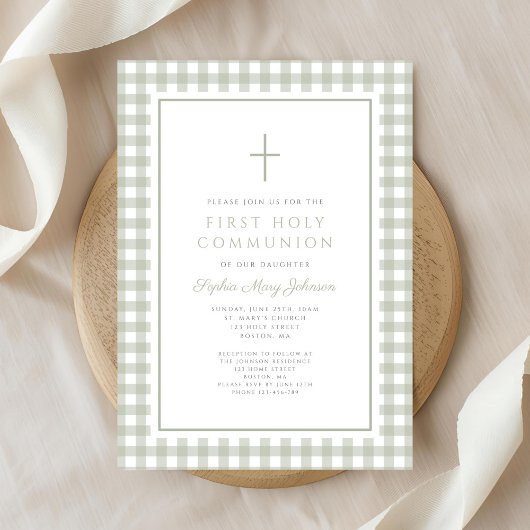 Elegant Sage Green Gingham Girl First Communion 招待状