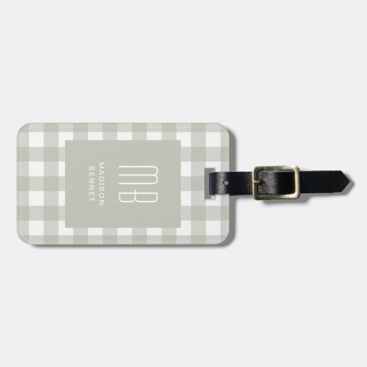 Elegant Sage Green Gingham Monogram ラゲッジタグ (正面横)