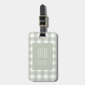 Elegant Sage Green Gingham Monogram ラゲッジタグ (正面縦)
