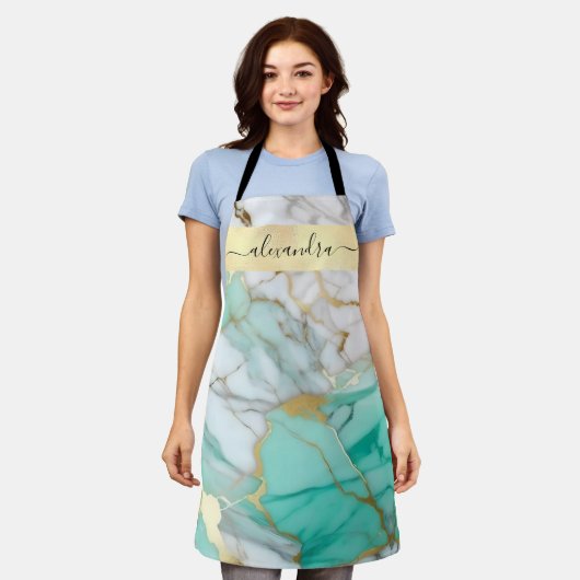 Elegant Sage Green Gold Marble Stone Custom エプロン (着用した状態)