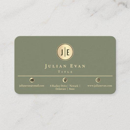 Elegant Sage Green Gold Shiny Circle Monogram 名刺 (正面)