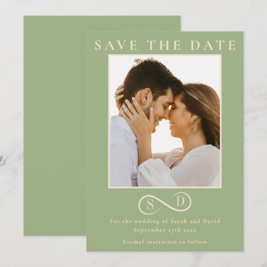 Elegant Sage Green Infinity Monogram Save the Date セーブザデート (正面/裏面)