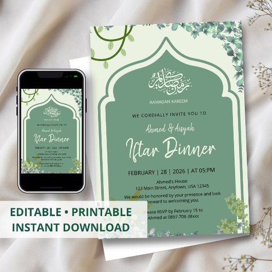 Elegant Sage Green Islamic Arched Iftar Dinner 招待状