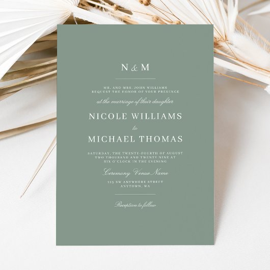 Elegant Sage Green Monogram Classic Wedding 招待状