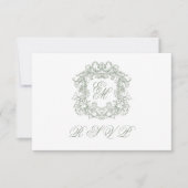 Elegant Sage Green Monogram Crest Meals Wedding 出欠カード (正面)