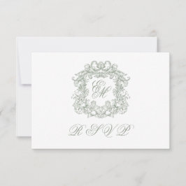Elegant Sage Green Monogram Crest Meals Wedding 出欠カード