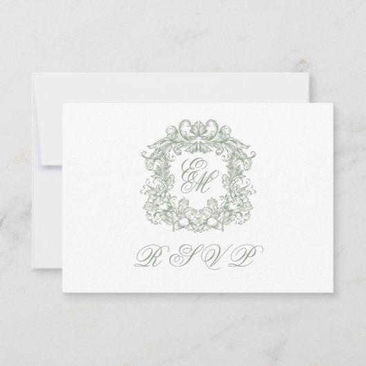 Elegant Sage Green Monogram Crest Meals Wedding 出欠カード (正面)