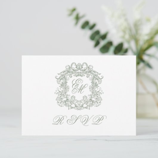 Elegant Sage Green Monogram Crest Meals Wedding 出欠カード (スタンド正面)