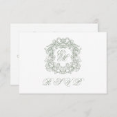 Elegant Sage Green Monogram Crest Meals Wedding 出欠カード (正面/裏面)