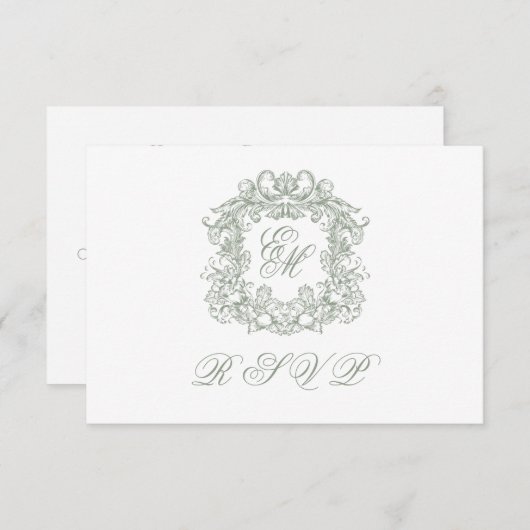 Elegant Sage Green Monogram Crest Meals Wedding 出欠カード (正面/裏面)