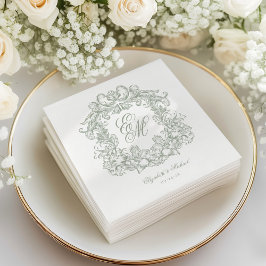 Elegant Sage Green Monogram Crest Script Wedding スタンダードカクテルナプキン