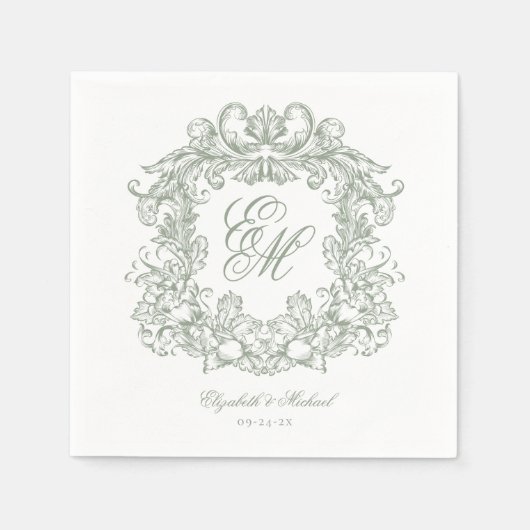 Elegant Sage Green Monogram Crest Script Wedding スタンダードカクテルナプキン (正面)