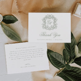 Elegant Sage Green Monogram Crest Vintage Wedding  サンキューカード
