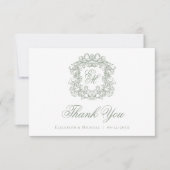 Elegant Sage Green Monogram Crest Vintage Wedding  サンキューカード (正面)