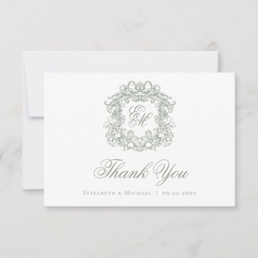 Elegant Sage Green Monogram Crest Vintage Wedding  サンキューカード (正面)