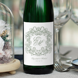 Elegant Sage Green Monogram Crest Vintage Wedding ワインラベル