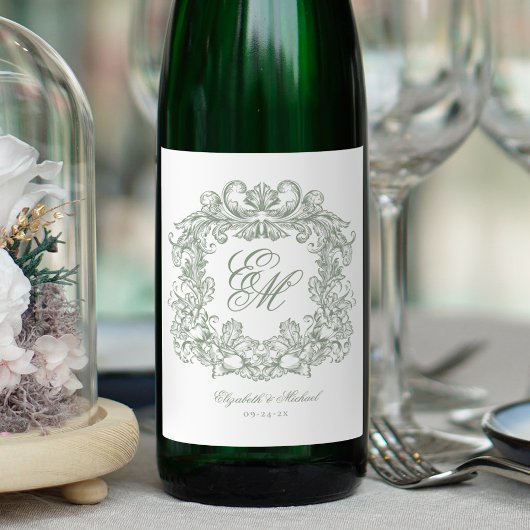 Elegant Sage Green Monogram Crest Vintage Wedding ワインラベル