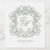 Elegant Sage Green Monogram Crest Vintage Wedding ワインラベル (シングルラベル)