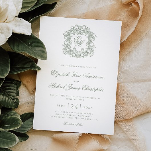 Elegant Sage Green Monogram Crest Wedding 招待状