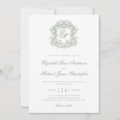 Elegant Sage Green Monogram Crest Wedding 招待状 (正面)
