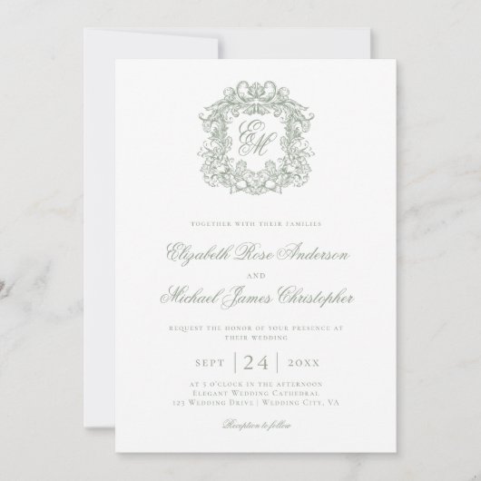 Elegant Sage Green Monogram Crest Wedding 招待状 (正面)
