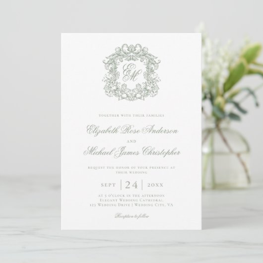 Elegant Sage Green Monogram Crest Wedding 招待状 (スタンド正面)