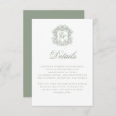 Elegant Sage Green Monogram Crest Wedding Details エンクロージャーカード (正面/裏面)