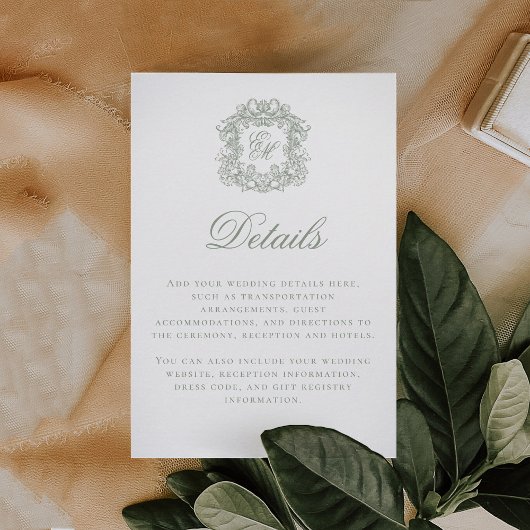 Elegant Sage Green Monogram Crest Wedding Details エンクロージャーカード