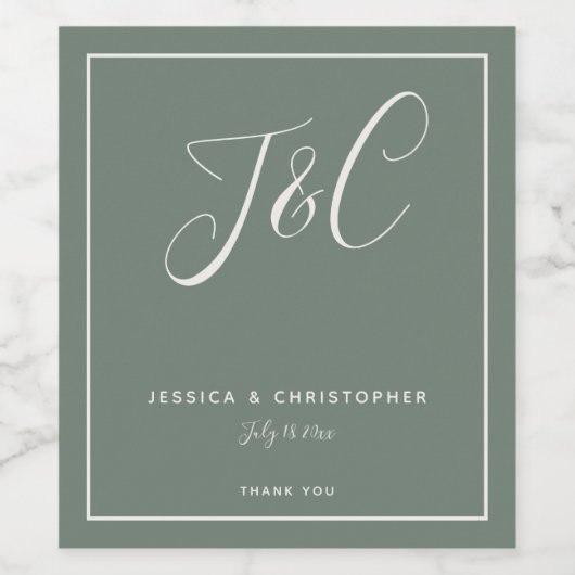 Elegant Sage Green Monogram Initials Wedding ワインラベル (シングルラベル)